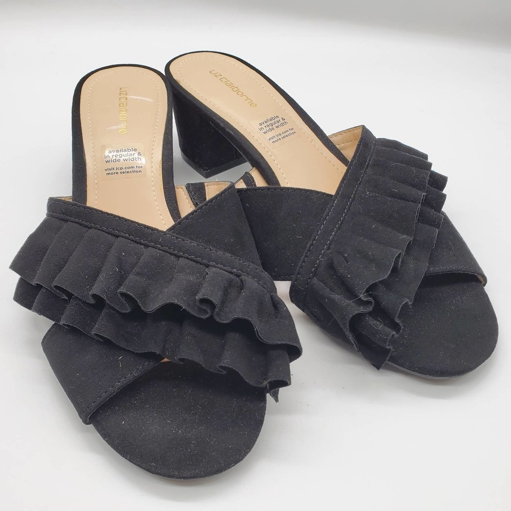 Liz Claiborne Black Ruffle Chunky Heel Y2K, sz 8